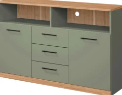 OTTO home Sideboard »Ribe,130cm breit,80cm hoch,Türen und Schubladen,6 Fächer« Oberplatte Eiche massiv,schwarze Metall Griffe
