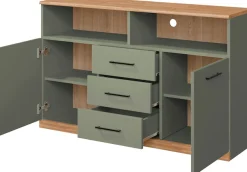 OTTO home Sideboard »Ribe,130cm breit,80cm hoch,Türen und Schubladen,6 Fächer« Oberplatte Eiche massiv,schwarze Metall Griffe