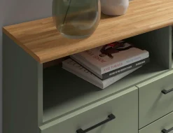 OTTO home Sideboard »Ribe,130cm breit,80cm hoch,Türen und Schubladen,6 Fächer« Oberplatte Eiche massiv,schwarze Metall Griffe