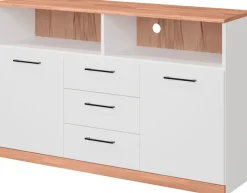 OTTO home Sideboard »Ribe,130cm breit,80cm hoch,Oberplatte Holz massiv,6 Fächer« Oberplatte Kernbuche massiv,schwarze Metall Griffe