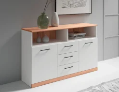 OTTO home Sideboard »Ribe,130cm breit,80cm hoch,Oberplatte Holz massiv,6 Fächer« Oberplatte Kernbuche massiv,schwarze Metall Griffe