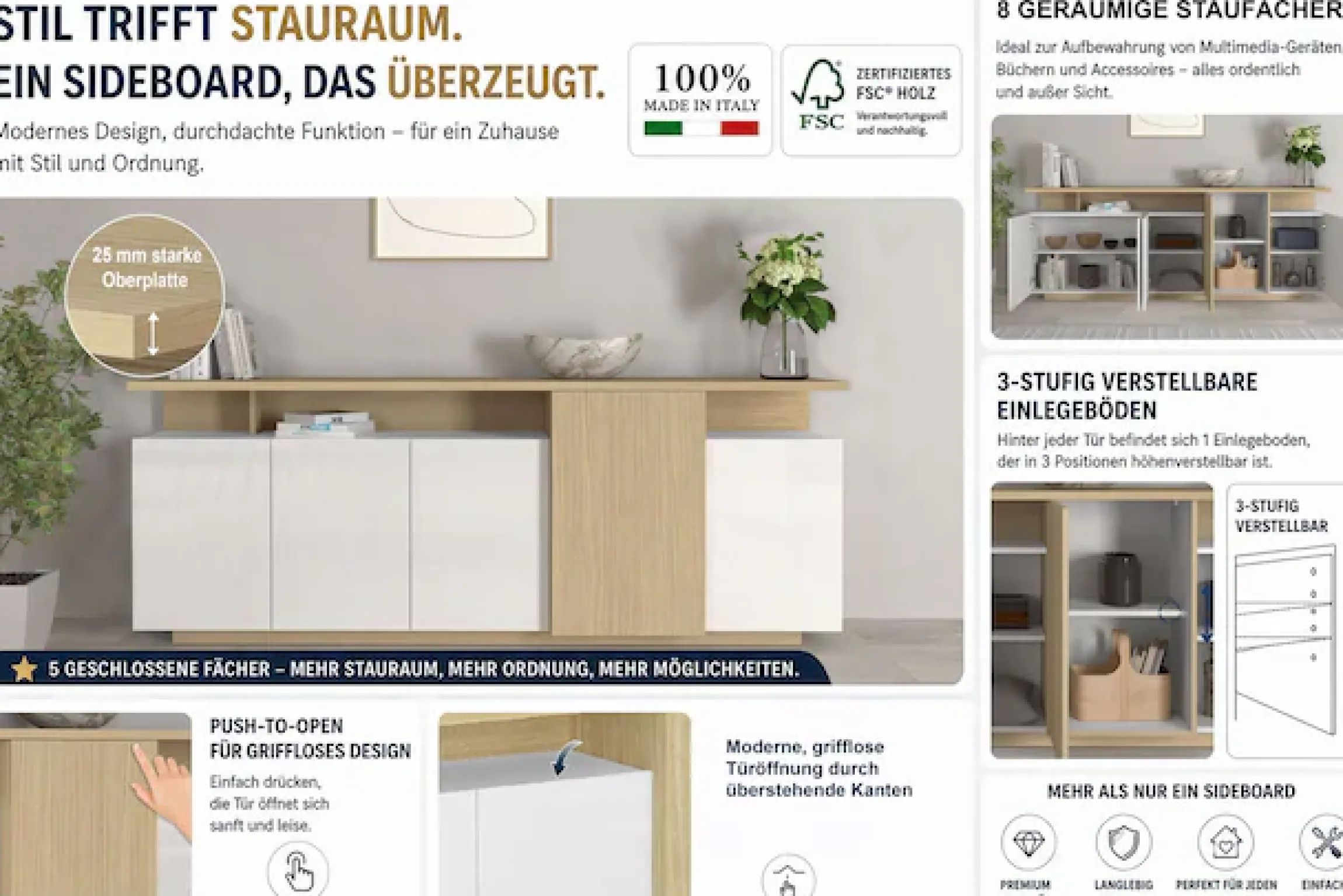 OTTO home Sideboard »Sideboard ETHOS, Kommode, Schrank, Kredenz« 1 Stk. tlg. Mit 5 Drehtüren, 8 Innenfächern und 2 Außenfächern, B.210 cm