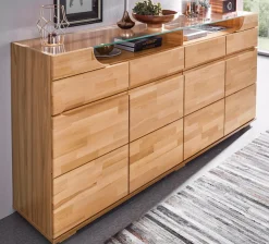 OTTO home Sideboard »Vetro,200cm breit,40 cm tief,4 Schubladen Oberplatte aus Glas« Kernbuche massiv, Holzwerkstoff, 4Türen,4 Schubladen, Griffmulden
