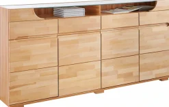 OTTO home Sideboard »Vetro,200cm breit,40 cm tief,4 Schubladen Oberplatte aus Glas« Kernbuche massiv, Holzwerkstoff, 4Türen,4 Schubladen, Griffmulden