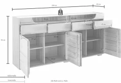 OTTO home Sideboard »Vetro,200cm breit,40 cm tief,4 Schubladen Oberplatte aus Glas« Kernbuche massiv, Holzwerkstoff, 4Türen,4 Schubladen, Griffmulden