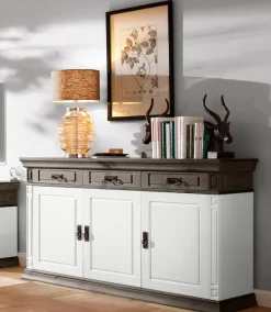 OTTO home Sideboard »Vinales, kommode 3 Schubläden, 3 Türen, 2 Einlegeböden« B/T/H: 155/39/83 cm,Messinggriffe im Jugendstil, Zierleiste und eleganter Sockel