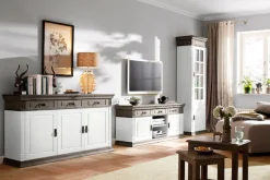 OTTO home Sideboard »Vinales, kommode 3 Schubläden, 3 Türen, 2 Einlegeböden« B/T/H: 155/39/83 cm,Messinggriffe im Jugendstil, Zierleiste und eleganter Sockel