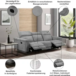 OTTO home 3-Sitzer »LUND,Naturleder, 222 cm, man. o. elektr. Relaxfunktion in 2 Sitzen« (links/rechts), USB-A bei elektrischer Ausführung, Kopfteilverstellung
