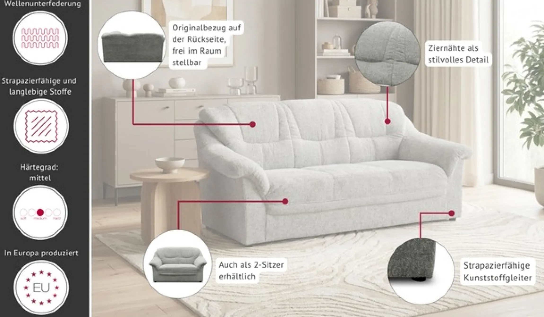 OTTO home 3-Sitzer »Nyborrg 184 cm breit, pflegeleicht, formschön, stabil« aus pflegeleichtem, weichem Luxus-Microfaser