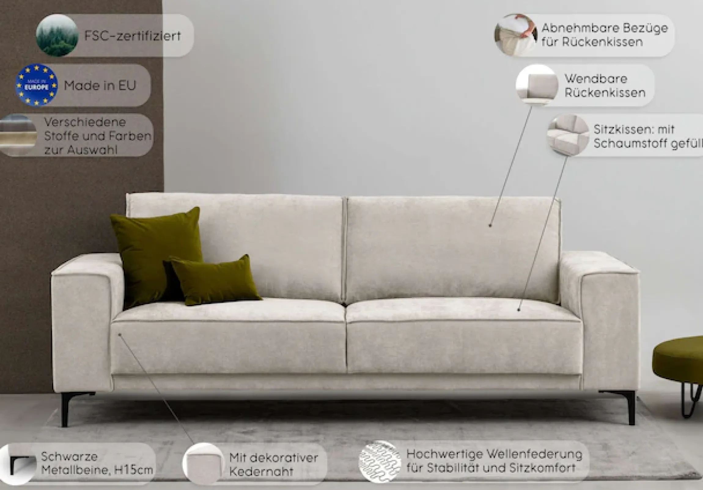 OTTO home 3-Sitzer »OLAND Cord, Sofa, B: 224 cm, Skandi-Design« Struktur, Flachgewebe, Luxus-Microfaser, Boucle
