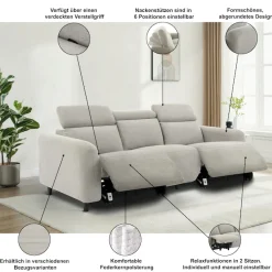 OTTO home 3-Sitzer »SKAANE Struktur-Sofa, 229 cm, manuelle-u. elektrische Relaxfunktion« Relax-Funktion in 2 Sitzen, Kopfteilverstellung, Federkernpolsterung