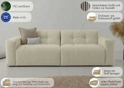 OTTO home 3-Sitzer »Tapley« Breite 220 cm,Boucle, Struktur fein, mit Knopfsteppung, bodentief