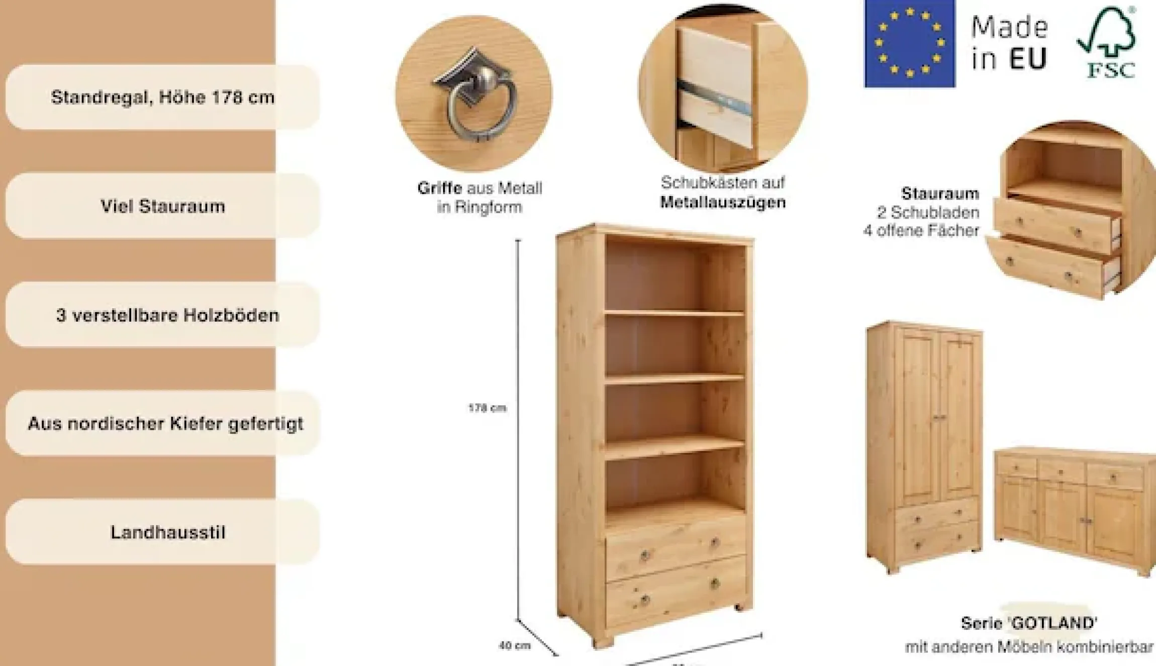 OTTO home Standregal »Gotland« Breite 80 cm, Höhe 178 cm, aus massiver Kiefer, FSC®