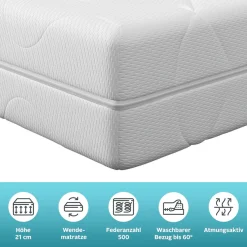 OTTO home Taschenfederkernmatratze »Kirkja 7-Zonen Matratze 90x200 cm, 140x200 cm & weitere Größen« 21 cm hoch 500 Federn 1 Stk. tlg. Matratzen H2 / H3, ergonomisch, atmungsaktiv