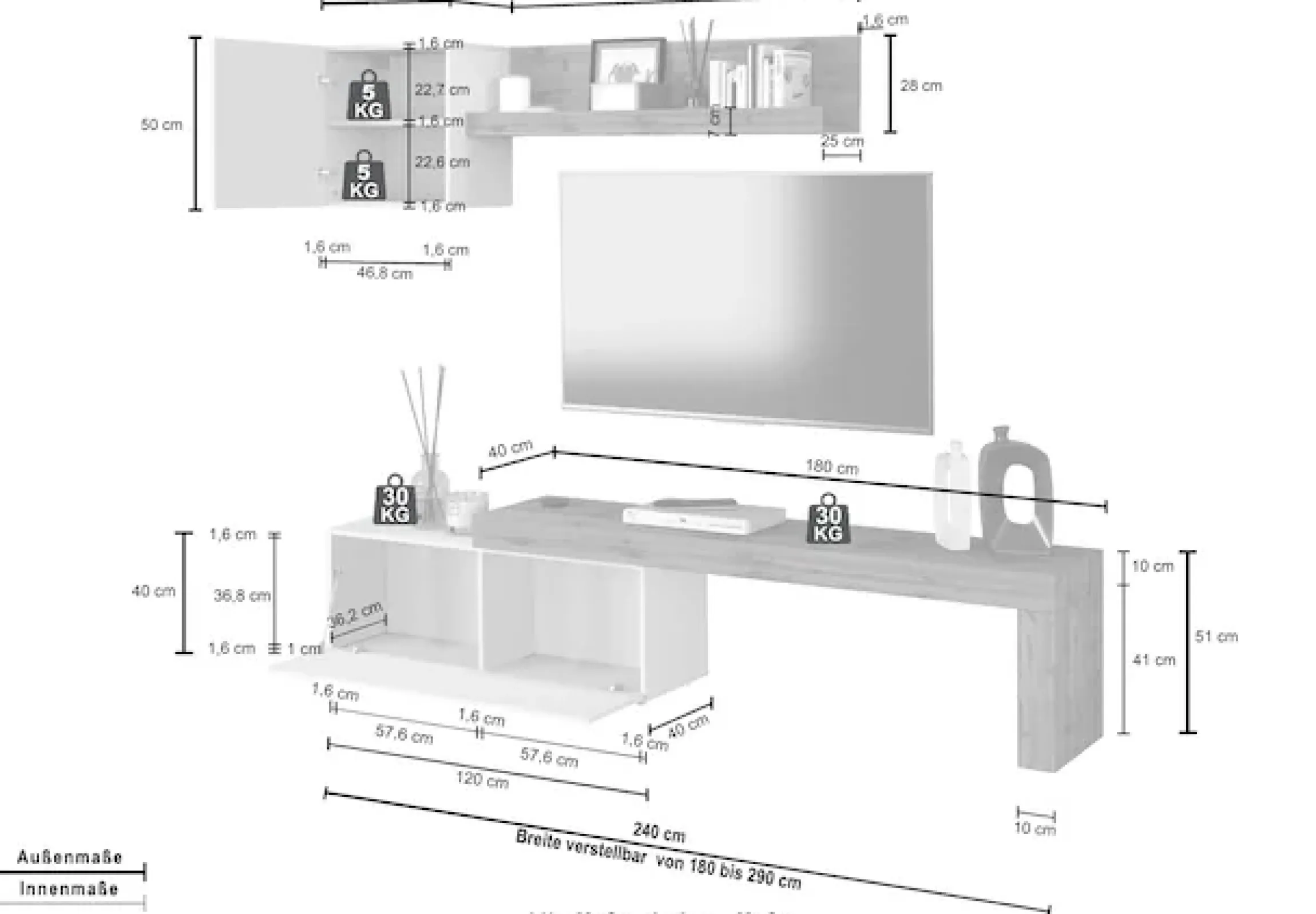 OTTO home TV-Wand »Chronos TV-Set, Wohnwand – Elemente frei platzierbar, Made in Italy« Set, 3-er set, 3 Stk. tlg.