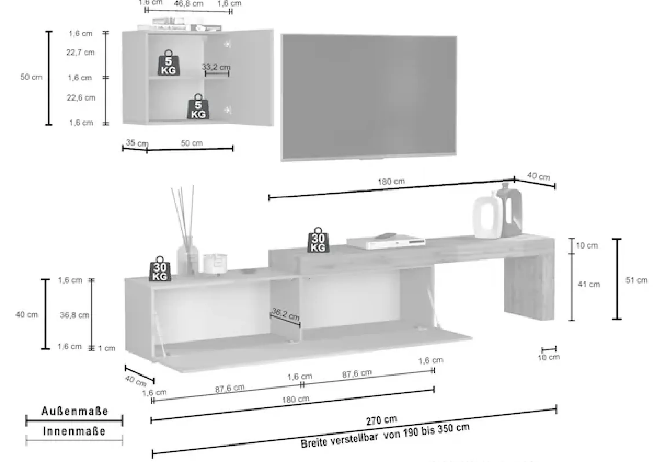 OTTO home TV-Wand »Chronos TV-Set, Wohnwand – Elemente frei platzierbar, Made in Italy« Set, 2-er set, 2 Stk. tlg.