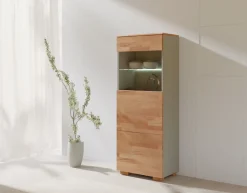 OTTO home Vitrine »CITRA80, Front massivholz, Korpus grau, pust to open., trendfarbe« B/T/H:55/35/145cm, Kernbuche teilmassiv geölt,4 Fächer, Grifflos