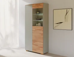 OTTO home Vitrine »CITRA70,viel Stauraum, Wohnzimmer,Tür mit Glaseinsatz, Trendfarbe Grau« B/T/H:90/35/185cm, Kernbuche teilmassiv, push to open Türen, 10Fächer