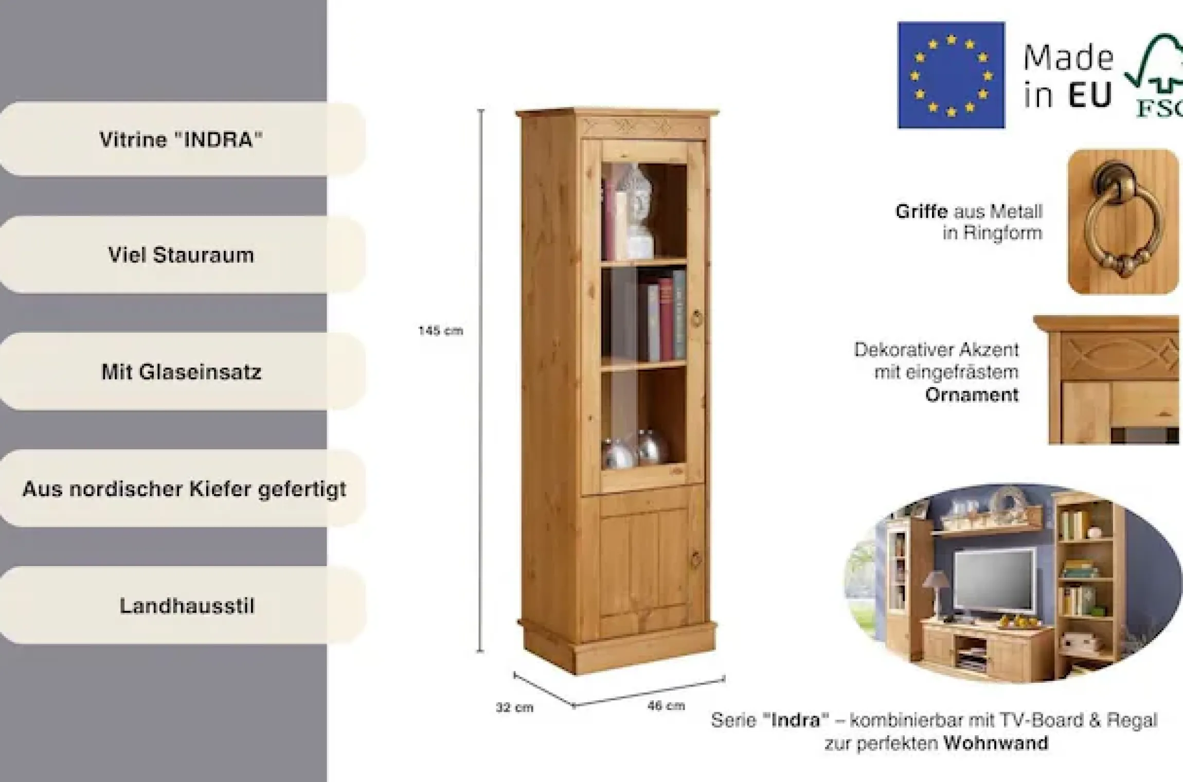 OTTO home Vitrine »Indra« aus massiver Kiefer, FSC®, 2trg., Höhe 145 cm, dezentes Ornament