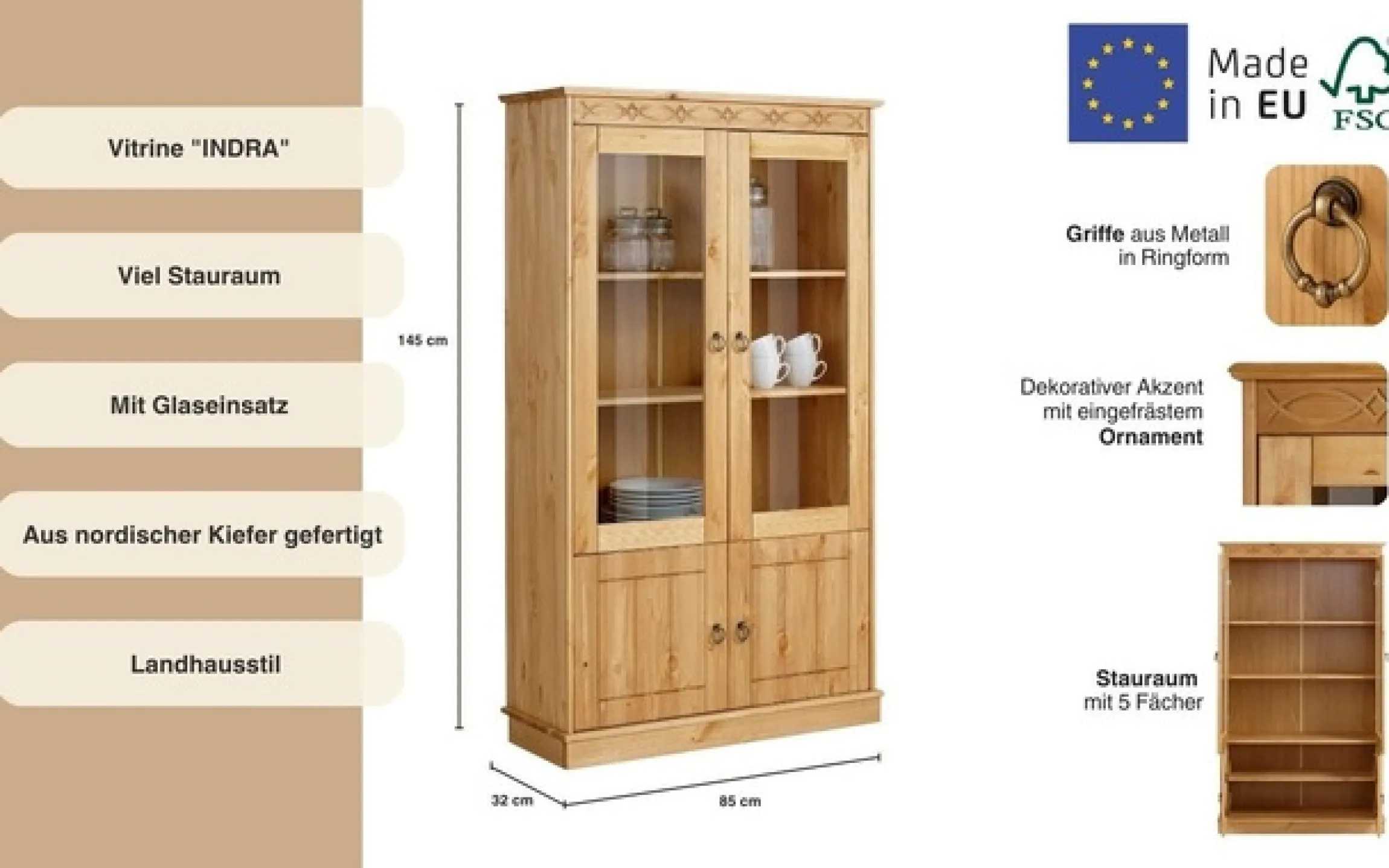 OTTO home Vitrine »Indra« aus massiver Kiefer, FSC®, Höhe 145 cm, dezentes Ornament