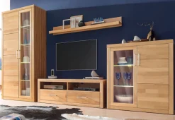 OTTO home Vitrine »LOGO B/T/H: 90/42/190cm,10Fächer, 1 Holztür, 1 Glastür, viel Stauraum« Fronten aus Massivholz, Korpus aus farblich abgestimmter Melamin