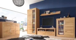 OTTO home Vitrine »LOGO B/T/H: 90/42/190cm,10Fächer, 1 Holztür, 1 Glastür, viel Stauraum« Fronten aus Massivholz, Korpus aus farblich abgestimmter Melamin