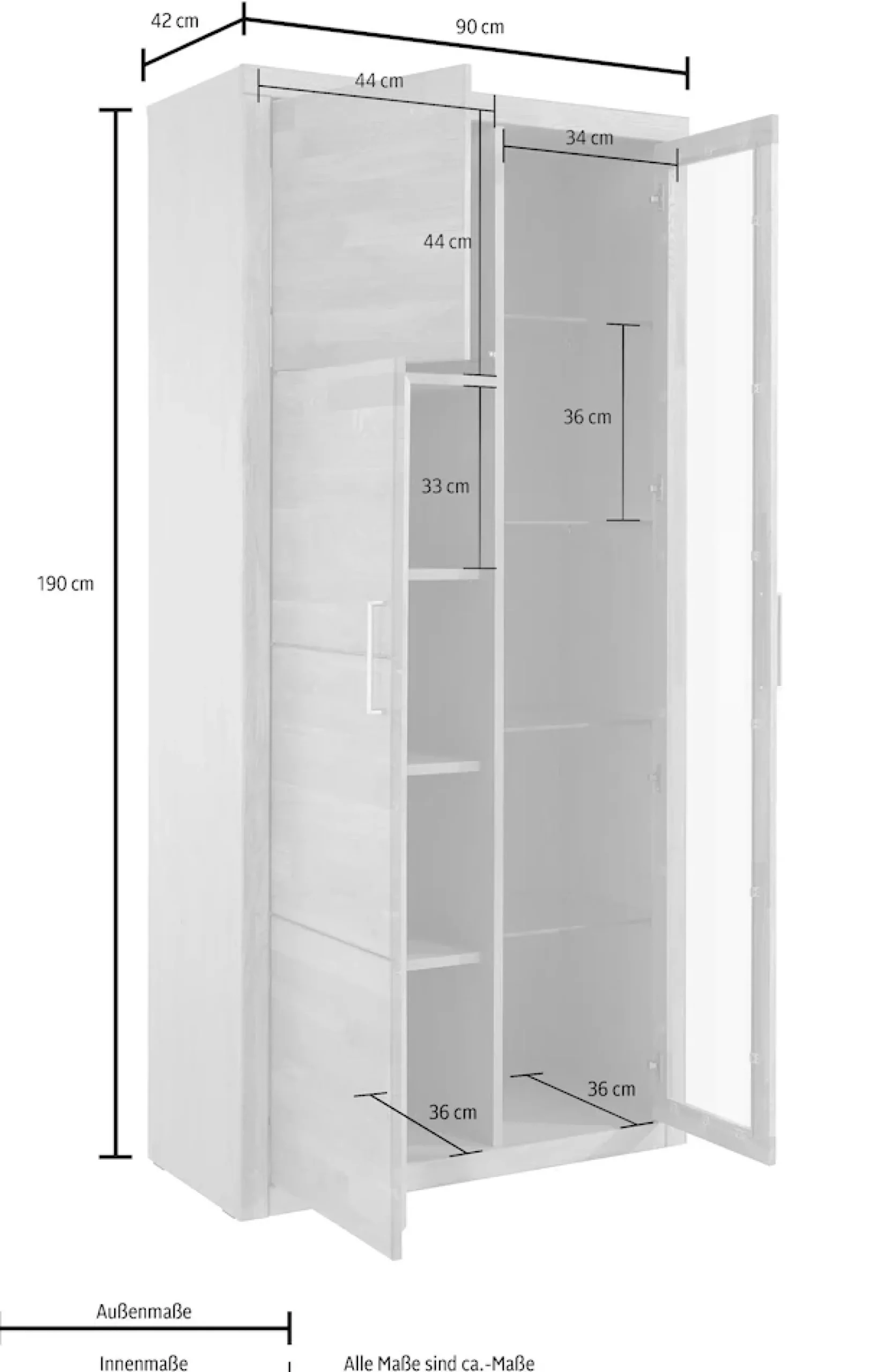 OTTO home Vitrine »LOGO B/T/H: 90/42/190cm,10Fächer, 1 Holztür, 1 Glastür, viel Stauraum« Fronten aus Massivholz, Korpus aus farblich abgestimmter Melamin