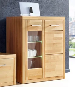 OTTO home Vitrine »LOGO68, Einlegeboden verstellbar,1Glastür, Wohnzimmer, Stauraum, geölt« B/T/H:90/42/100cm, Front massivholz,6 Fächer, Griffe silberfarben
