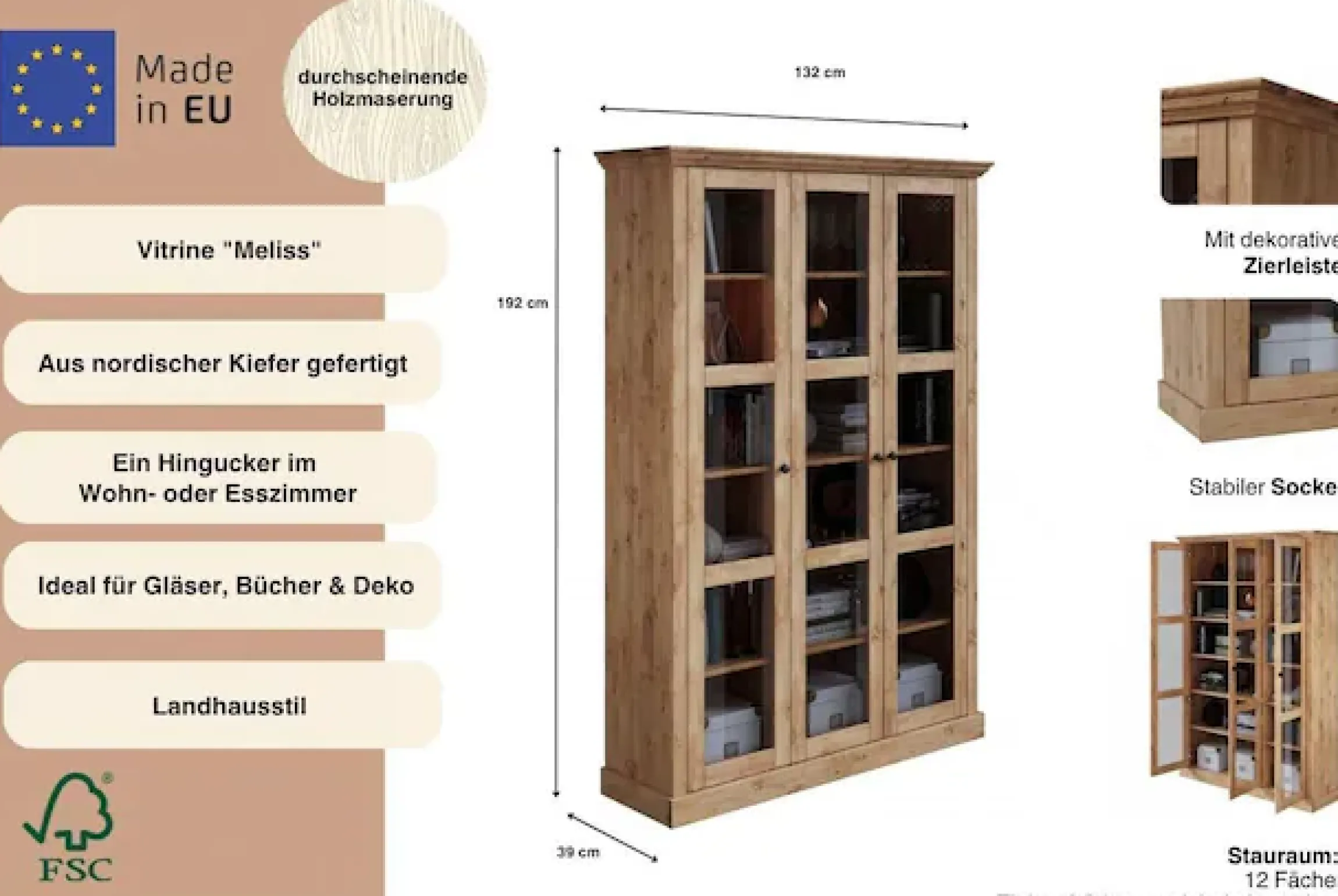 OTTO home Vitrine »Melissa« aus massiver Kiefer, mit viel Stauraum