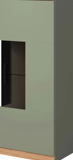 OTTO home Vitrine »Ribe,125cm hoch,4 Fächer,1Glasboden variabel einsetzbar« Oberplatte Eiche massiv,dunkles Glas, schwarze Metall Griffe