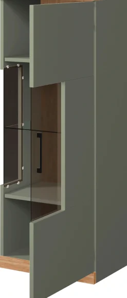 OTTO home Vitrine »Ribe,125cm hoch,4 Fächer,1Glasboden variabel einsetzbar« Oberplatte Eiche massiv,dunkles Glas, schwarze Metall Griffe