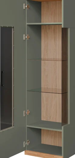 OTTO home Vitrine »Ribe,180cm hoch,5 Fächer,2 Glasböden variabel einsetzbar« Oberplatte Eiche massiv,dunkles Glas, schwarze Metall Griffe
