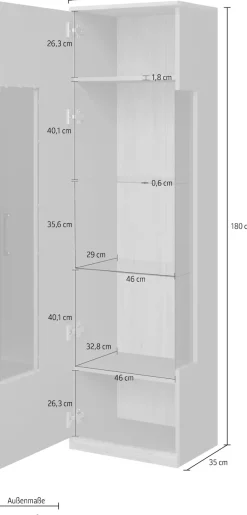 OTTO home Vitrine »Ribe,180cm hoch,5 Fächer,2 Glasböden variabel einsetzbar« Oberplatte Eiche massiv,dunkles Glas, schwarze Metall Griffe