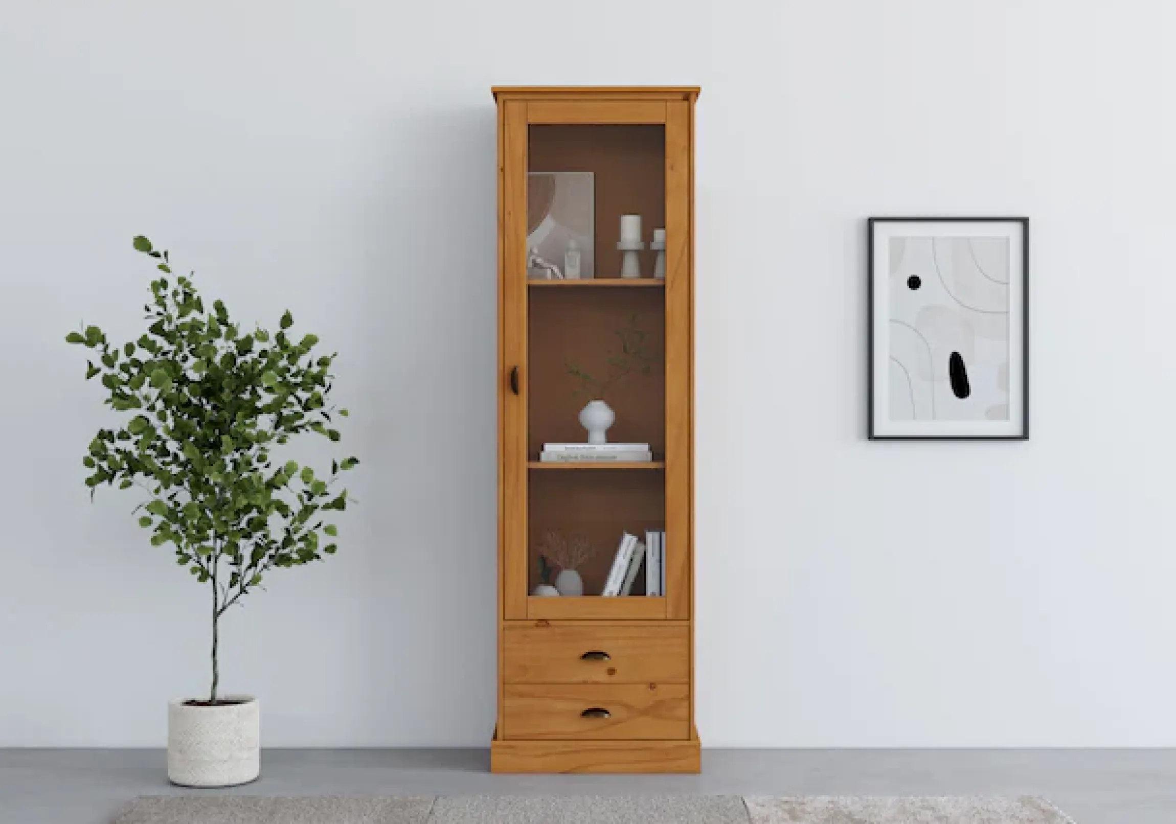 OTTO home Vitrine »Schröder« mit 1 Schiebetür, 2 Schubkästen, aus massivem Kiefernholz, Breite 55cm