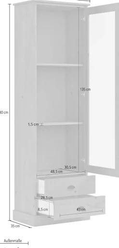 OTTO home Vitrine »Schröder« mit 1 Schiebetür, 2 Schubkästen, aus massivem Kiefernholz, Breite 55cm