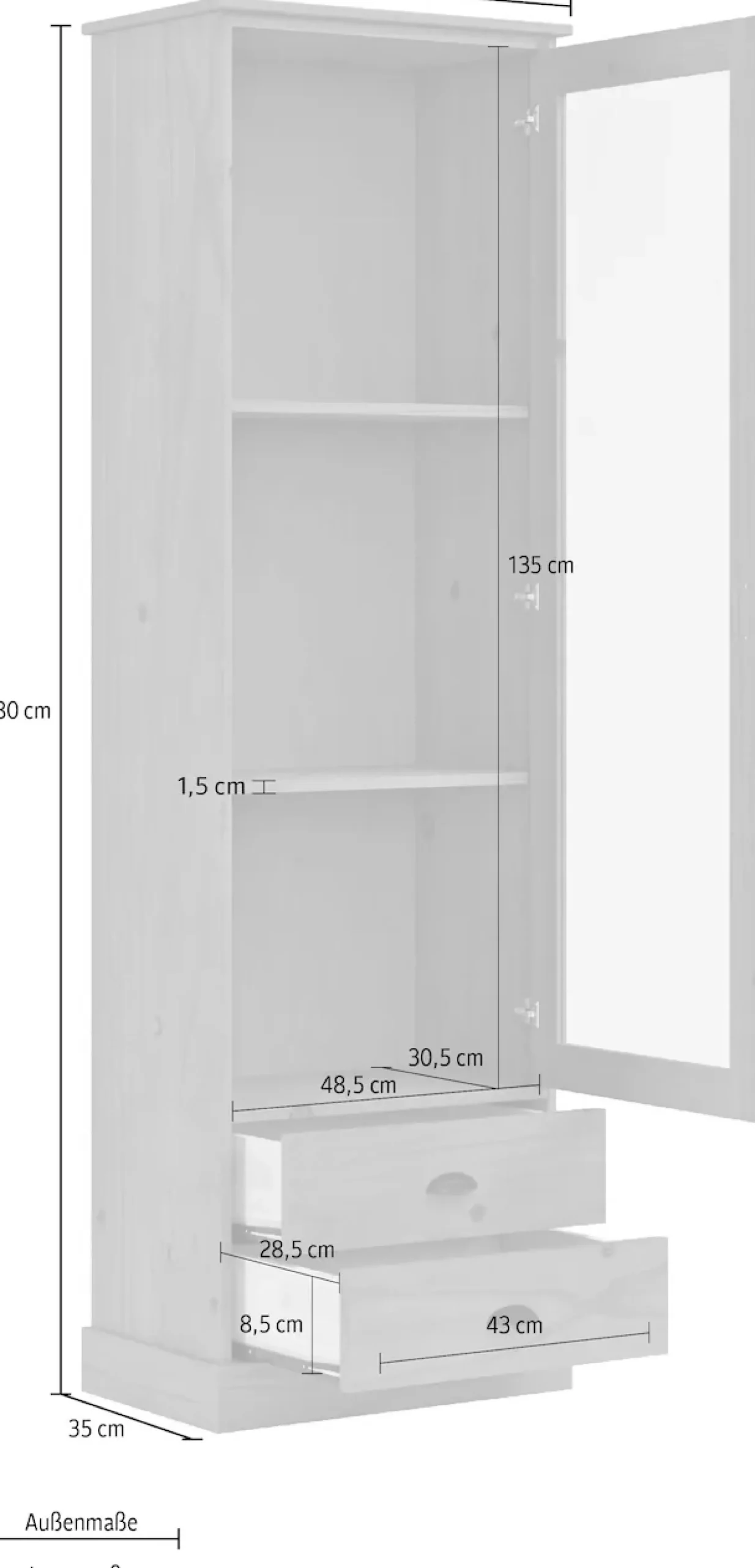 OTTO home Vitrine »Schröder« mit 1 Schiebetür, 2 Schubkästen, aus massivem Kiefernholz, Breite 55cm