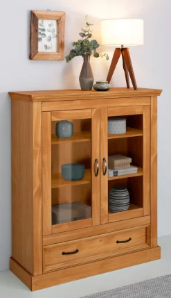 OTTO home Vitrine »Selma Highboard« aus massivem Kiefernholz, mit Griffen aus antikisiertem Metall