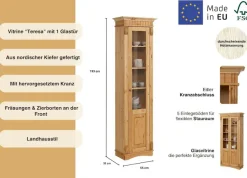 OTTO home Vitrine »Teresa« Maße (B/T/H): ca. 55/32/193 cm,mit 1 Glastür, Höhe 193 cm, aus massiver Kiefer, FSC®