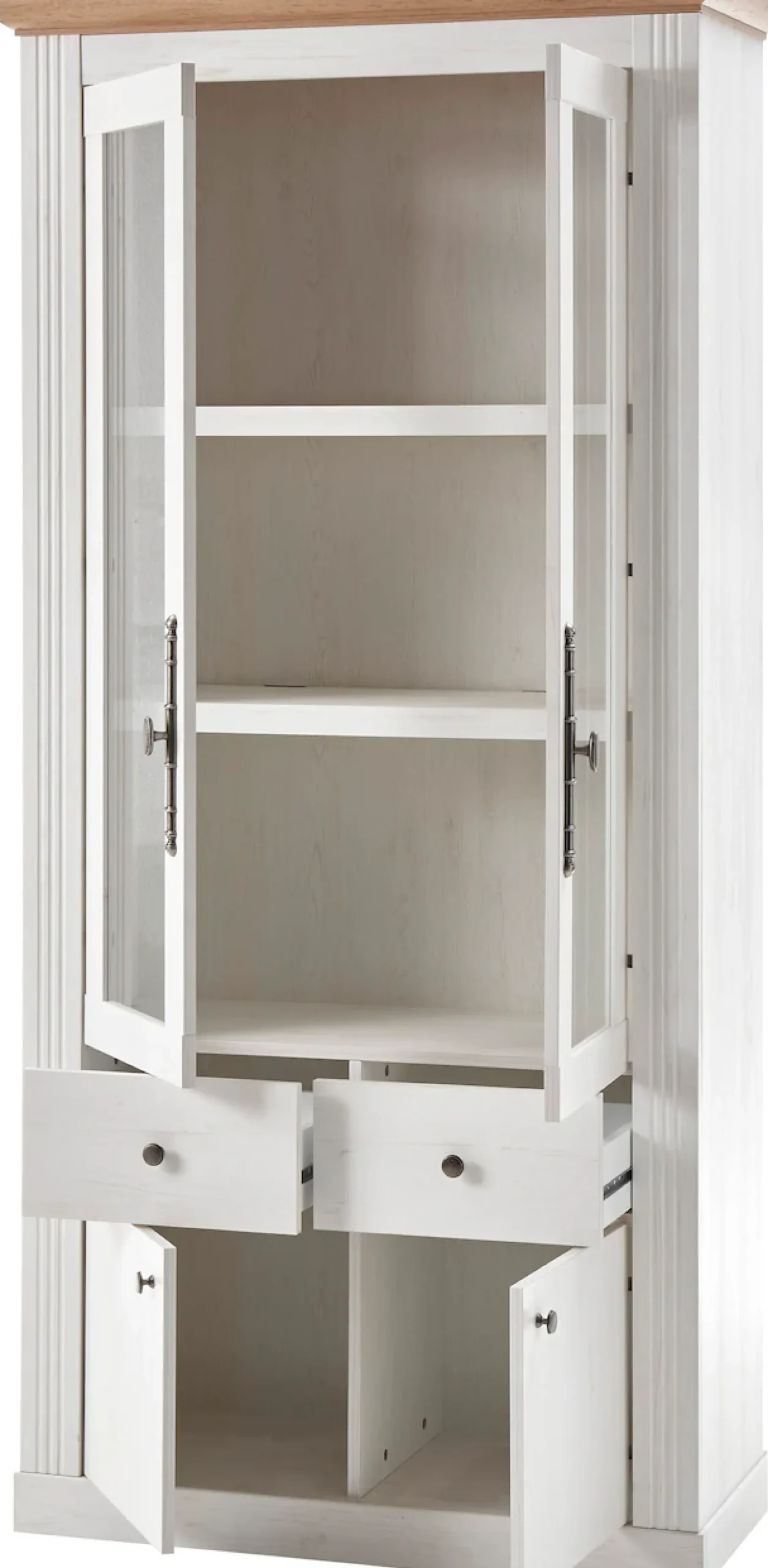 OTTO home Vitrine »Westminster, Hochschrank im Landhausstil, Glasvitrine, Stauraumelement« Metallgriffe, ausreichend Stauraum, in 2 Farben erhältlich
