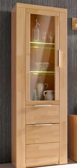 OTTO home Vitrine »ZARA75, 2 Glasboden variabel, Türen L/R, 1 Schublade, Wohnzimmer« B/T/H:60/40/190cm,Front massivholz,5 Fächer,Griffe silberfarben, geölt