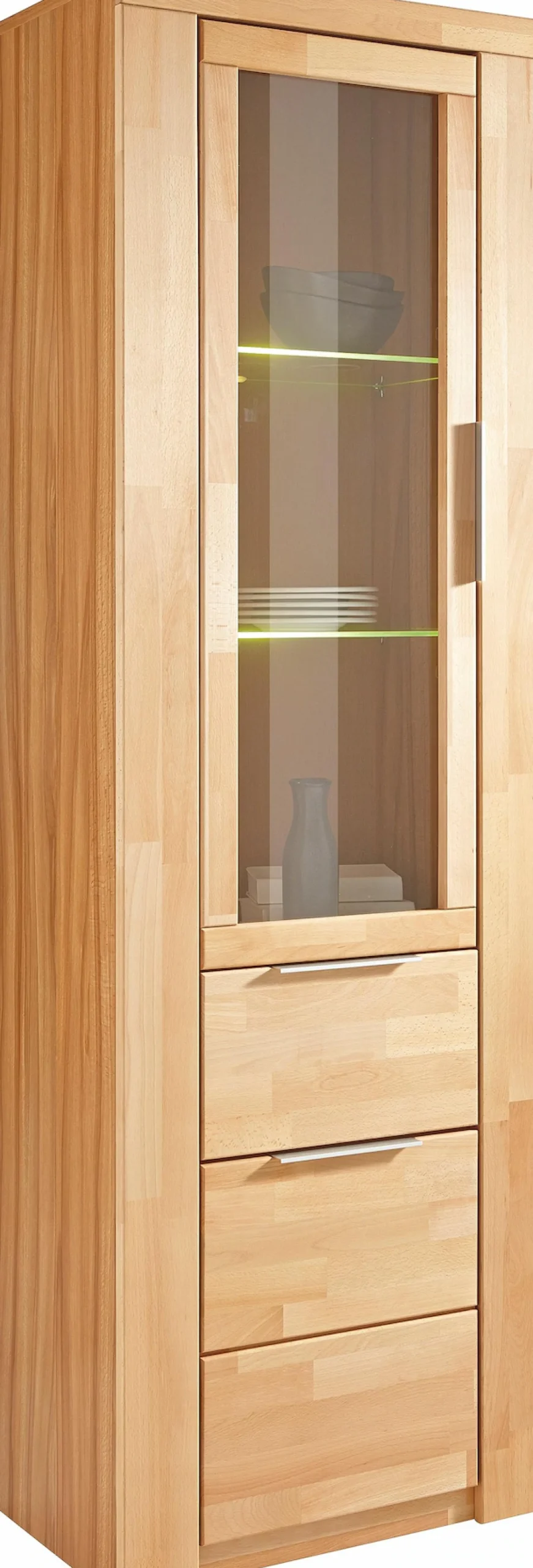OTTO home Vitrine »ZARA75, 2 Glasboden variabel, Türen L/R, 1 Schublade, Wohnzimmer« B/T/H:60/40/190cm,Front massivholz,5 Fächer,Griffe silberfarben, geölt