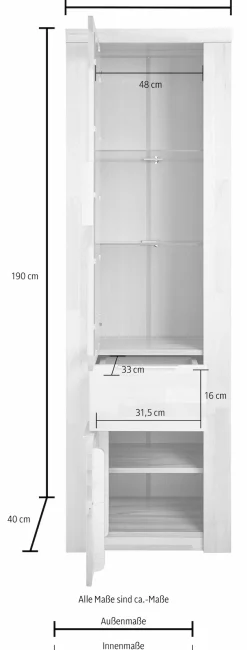 OTTO home Vitrine »ZARA75, 2 Glasboden variabel, Türen L/R, 1 Schublade, Wohnzimmer« B/T/H:60/40/190cm,Front massivholz,5 Fächer,Griffe silberfarben, geölt
