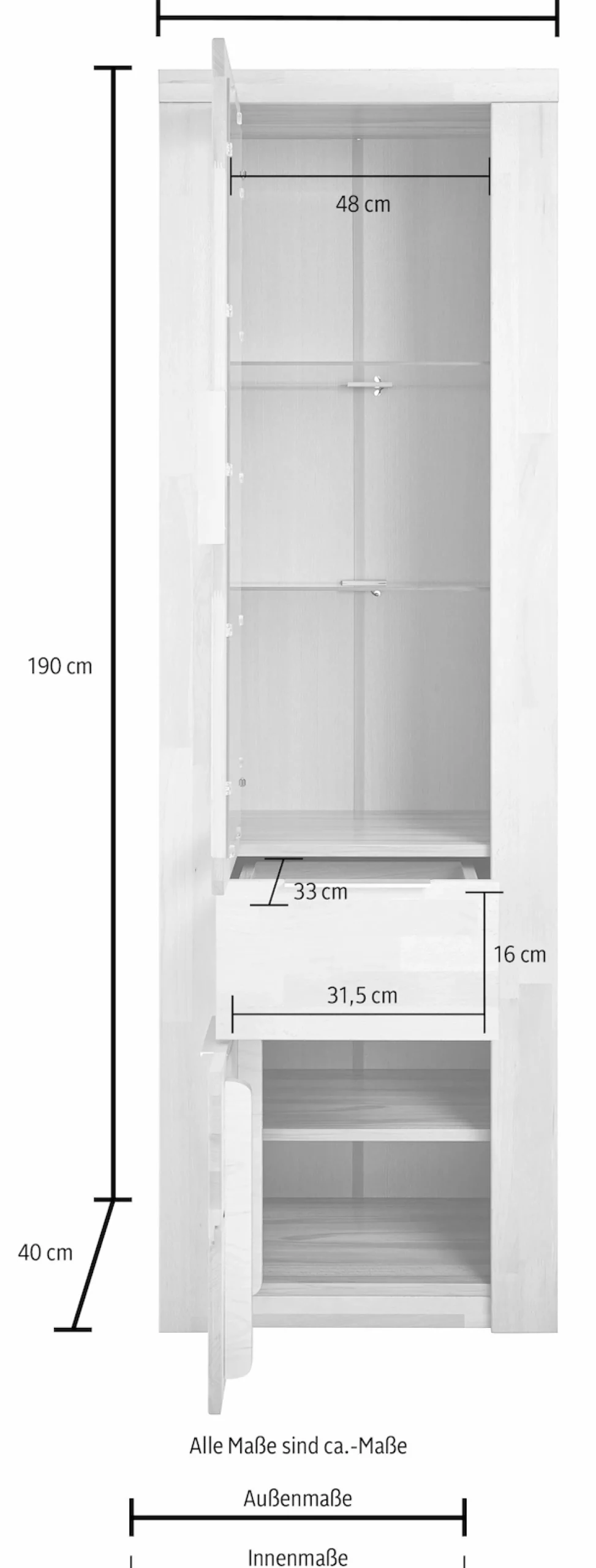 OTTO home Vitrine »ZARA75, 2 Glasboden variabel, Türen L/R, 1 Schublade, Wohnzimmer« B/T/H:60/40/190cm,Front massivholz,5 Fächer,Griffe silberfarben, geölt
