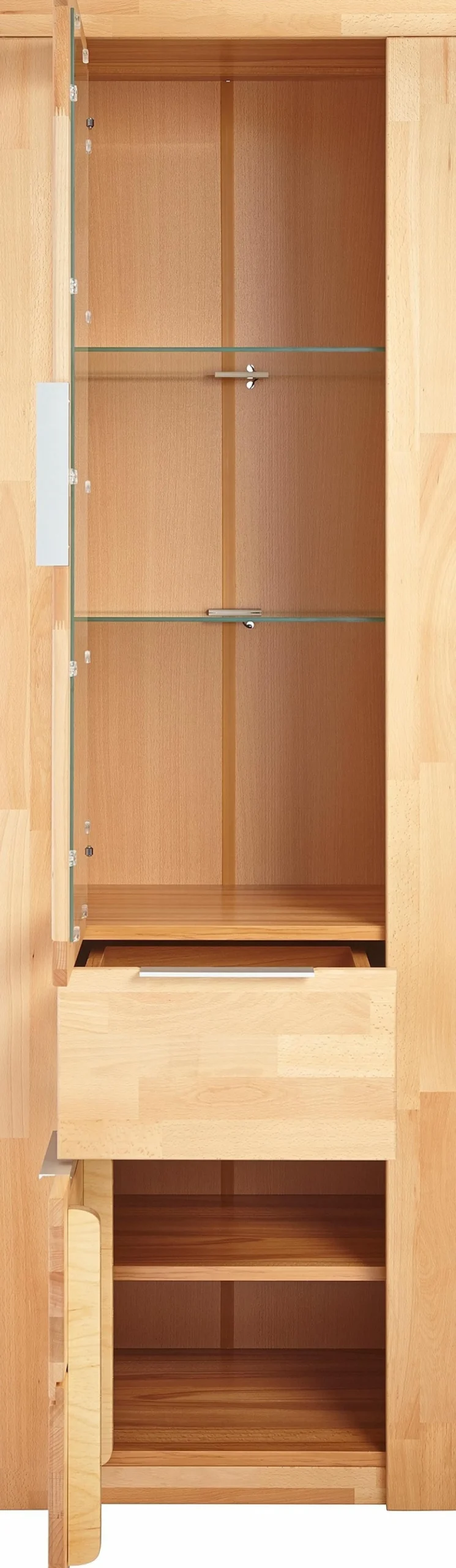OTTO home Vitrine »ZARA75, 2 Glasboden variabel, Türen L/R, 1 Schublade, Wohnzimmer« B/T/H:60/40/190cm,Front massivholz,5 Fächer,Griffe silberfarben, geölt