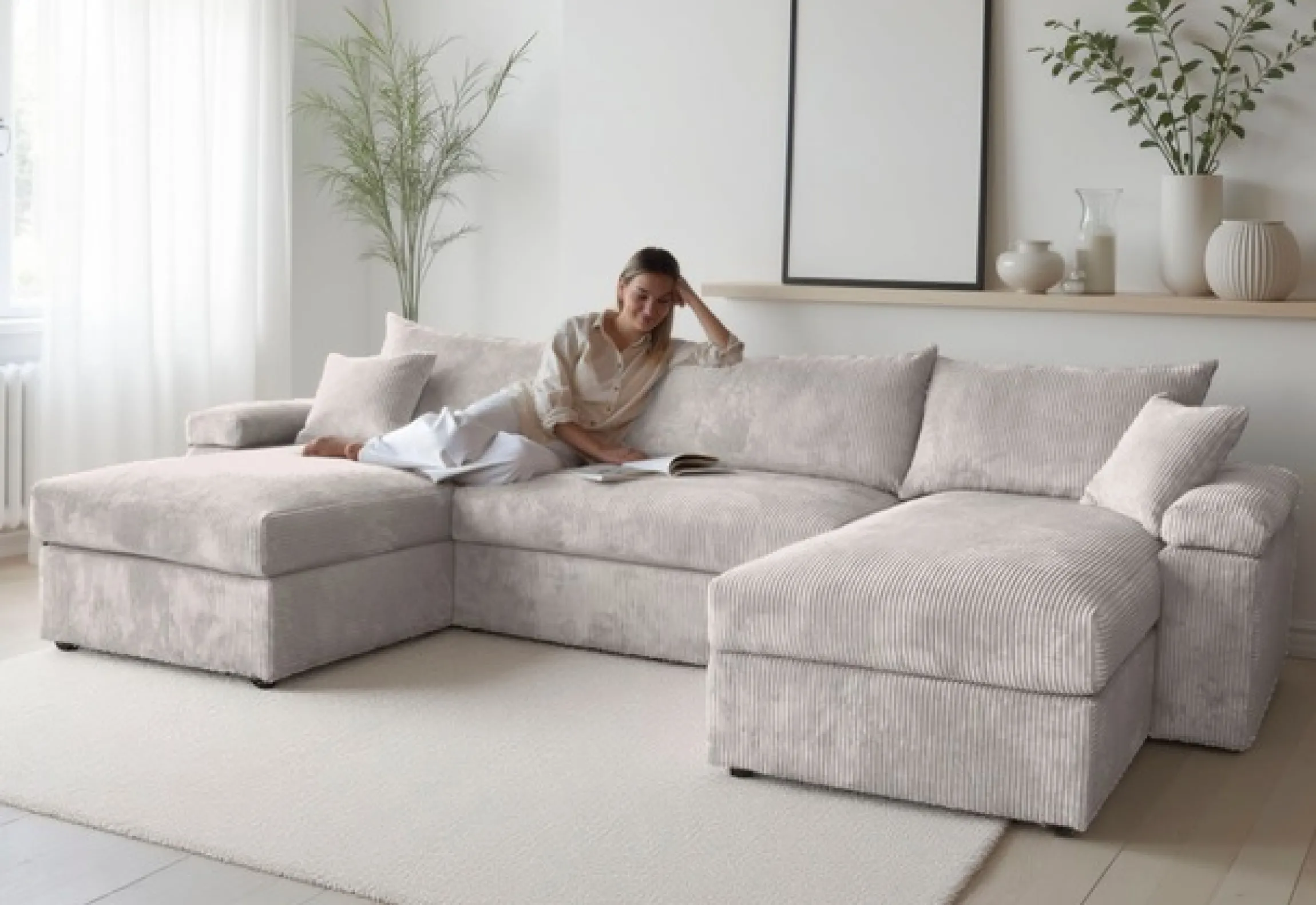 OTTO home Wohnlandschaft »Cosy U-Form, B: 309 cm, XXL-Wohnlandschaft mit Federkern« 2 Zierkissen, Mega-Sofa, Cord oder Struktur weich, Kaltschaumauflage