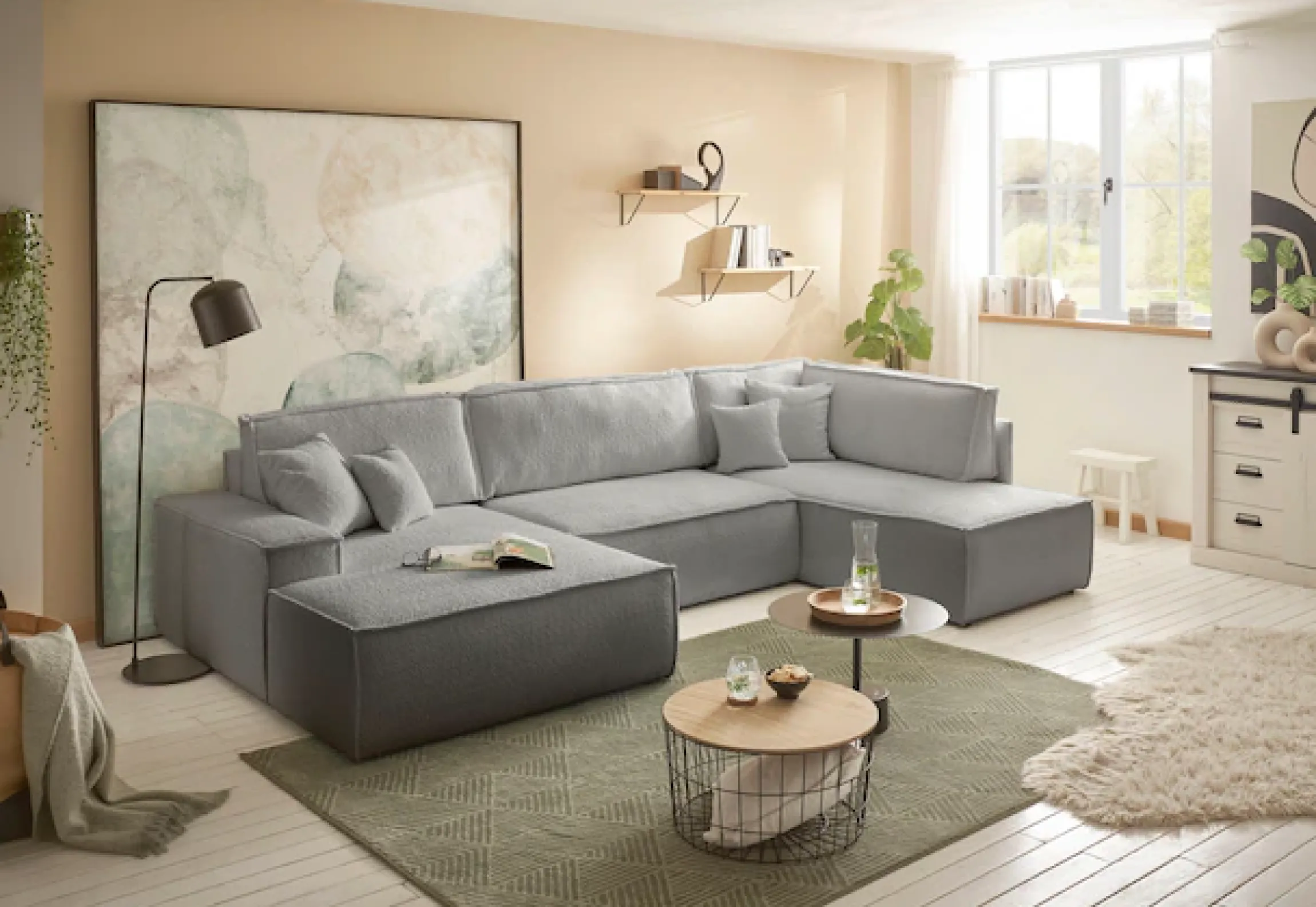 OTTO home Wohnlandschaft »FINNLEYBouclé U-Form XXL 329 cm - OTTO. Verlässliche Qualität.« Schlafsofa, Bettkasten, in Bouclé, Struktur fein und Mega Cord