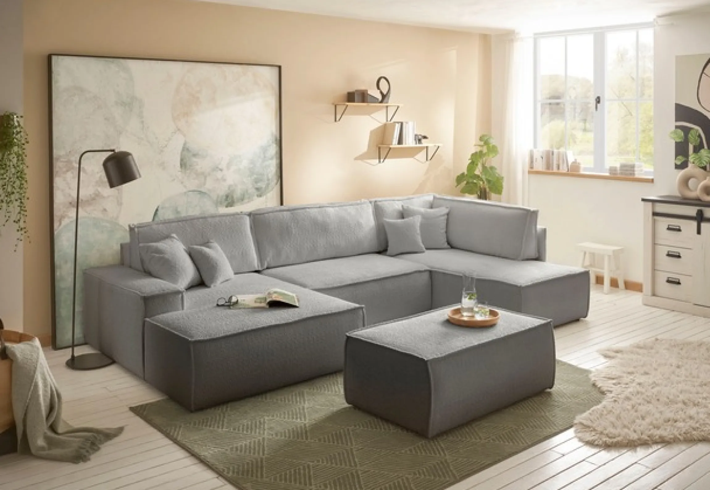 OTTO home Wohnlandschaft »FINNLEYBouclé U-Form XXL 329 cm - OTTO. Verlässliche Qualität.« Schlafsofa, Bettkasten, in Bouclé, Struktur fein und Mega Cord