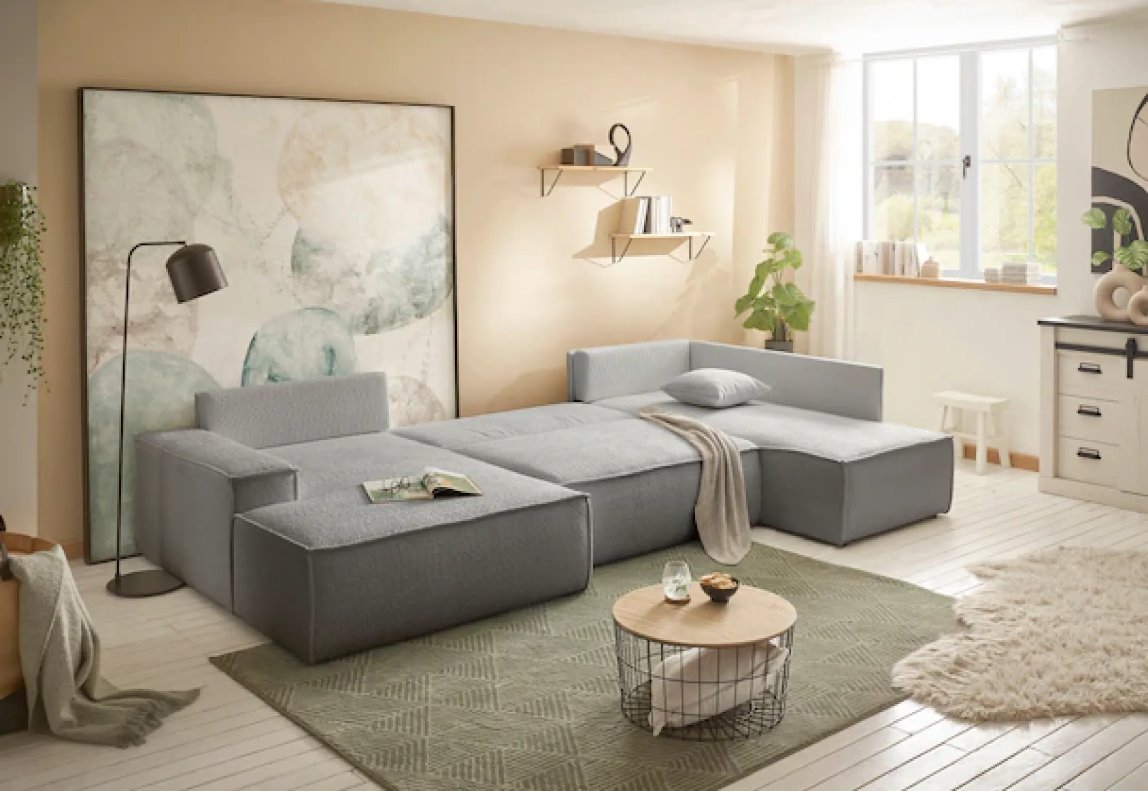 OTTO home Wohnlandschaft »FINNLEYBouclé U-Form XXL 329 cm - OTTO. Verlässliche Qualität.« Schlafsofa, Bettkasten, in Bouclé, Struktur fein und Mega Cord