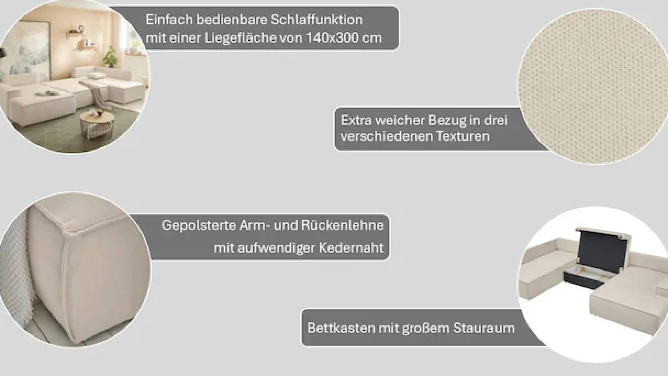 OTTO home Wohnlandschaft »FINNLEYBouclé U-Form XXL 329 cm - OTTO. Verlässliche Qualität.« Schlafsofa, Bettkasten, in Bouclé, Struktur fein und Mega Cord