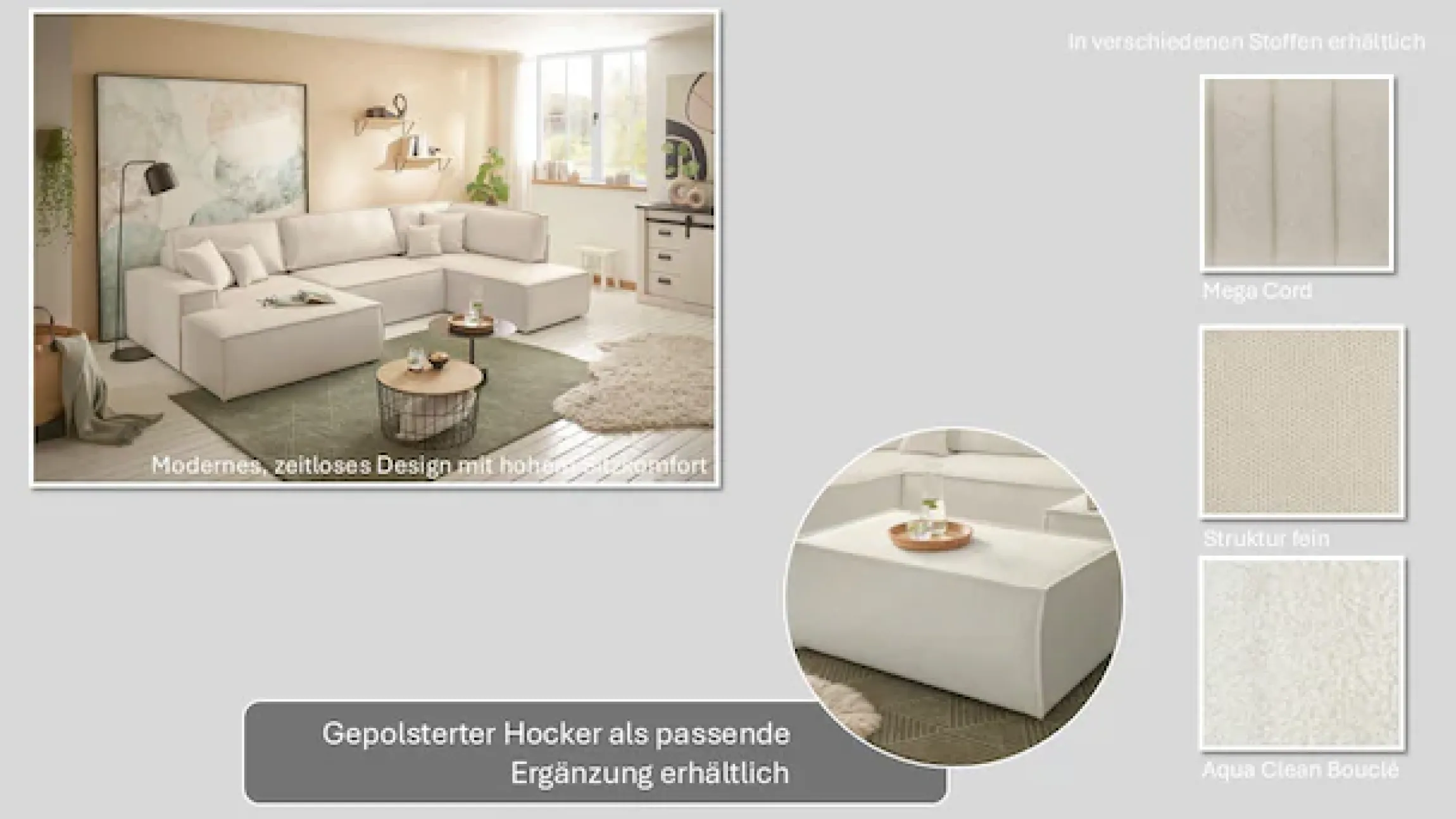 OTTO home Wohnlandschaft »FINNLEYBouclé U-Form XXL 329 cm - OTTO. Verlässliche Qualität.« Schlafsofa, Bettkasten, in Bouclé, Struktur fein und Mega Cord
